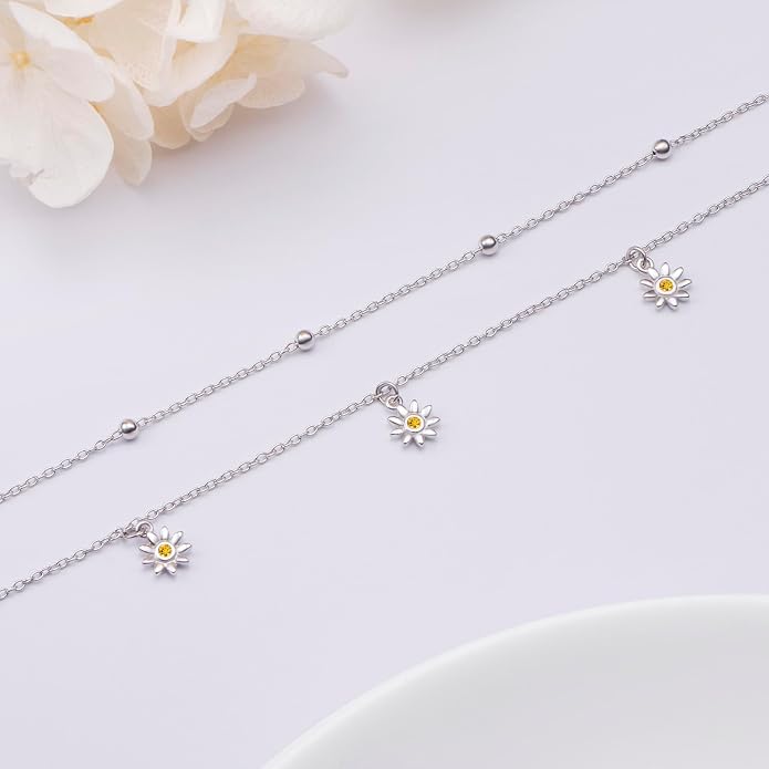 Ladytree S925 Sterling Silver Boho Beach Double Layer Anklets Bracelet for Women Adjustable 9 to 11 inches
