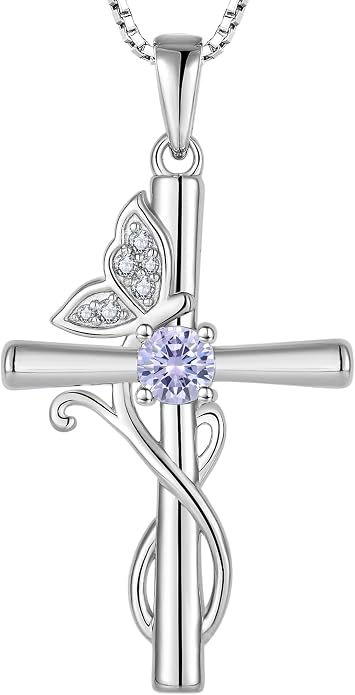 STARCHENIE Butterfly Cross Necklace 925 Sterling Silver Crucifix Pendant Birthstone Jewelry for Women