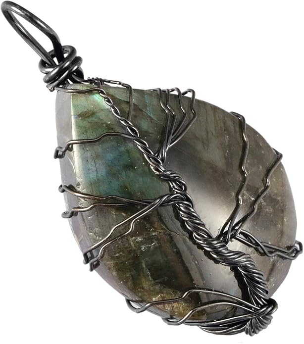 TUMBEELLUWA Labradorite Necklace Irregular Shape Wire Wrapped Quartz Crystal Pendant with Chain Healing Stone Jewelry