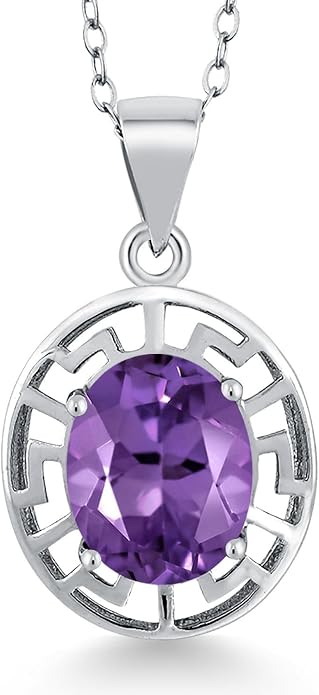 Gem Stone King 925 Sterling Silver 10X8MM Oval Gemstone Birthstone Necklace | Greek Key Pendant Necklace for Women | With 18 Inch Silver Chain