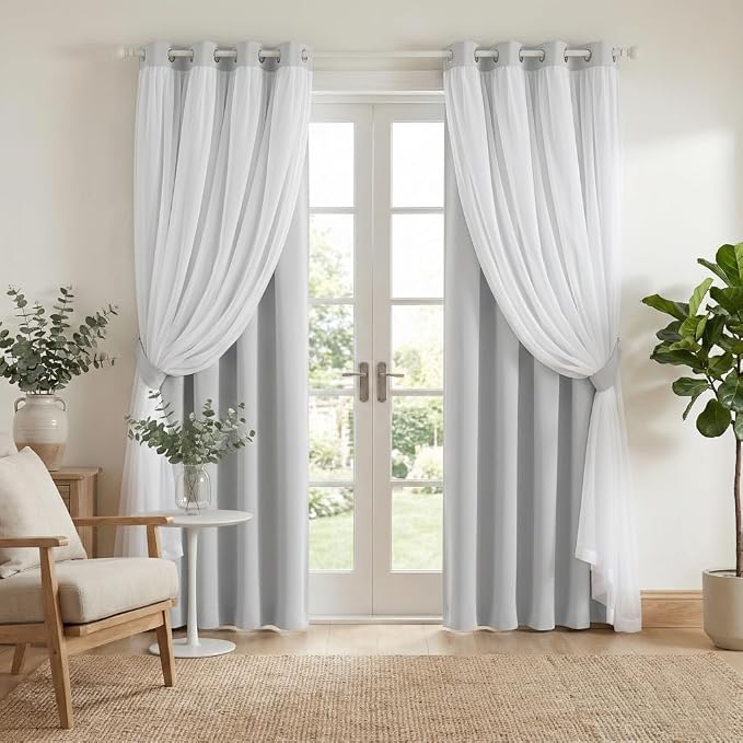 PONY DANCE Living Room Curtains - Gray Curtains with White Sheer Overlay Light Block for Living Room/Bedroom/Dining Room, 52 x 84 inches, Silver Grey, 2 PCs