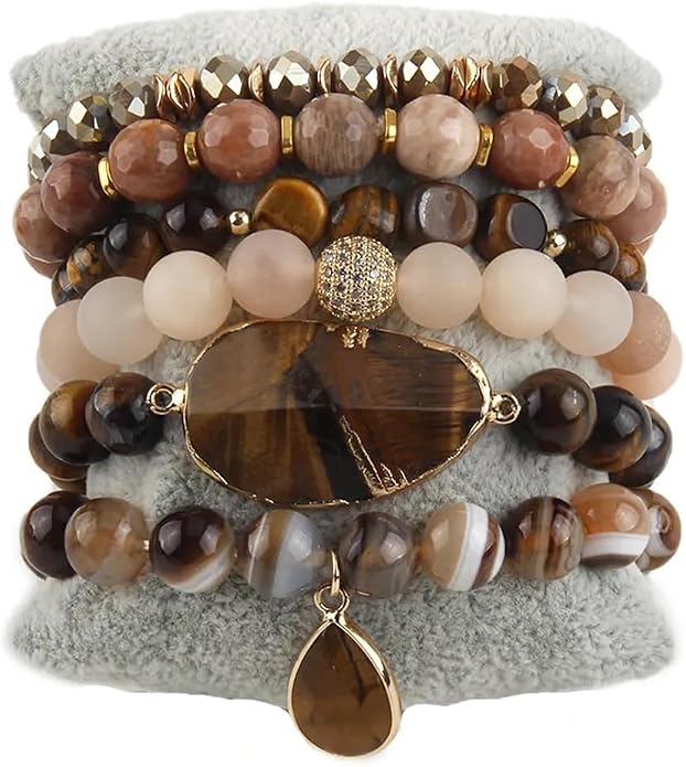 Yomisa 5PCS 6PCS Natural Boho Beaded Bracelets/Bangle for Women Men,Healing Turquoise Jasper Agate Crystal Gemstone Stone Chakra Multilayer Wrap Bohemian Handmade Jewelry Beads Stretch Bracelet Set