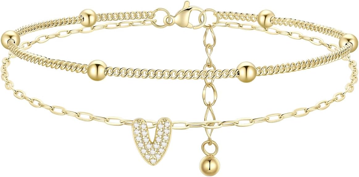 FindChic Silver/14K Gold Plated Layered CZ Initial Ankle Bracelet for Women | Waterproof Stainless Steel, Cubic Zirconia Letter Charm, Non-Tarnish, Hypoallergenic, Adjustable Extender, Summer Jewelry