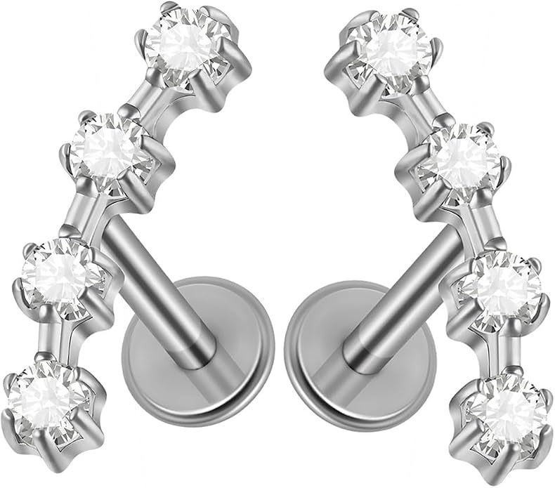 2PCS G23 Titanium Fire Opal CZ Labret Stud Piercing Cartilage Helix Tragus Climber Earrings for Men Women Lip Monroe Body Piercing Jewelry