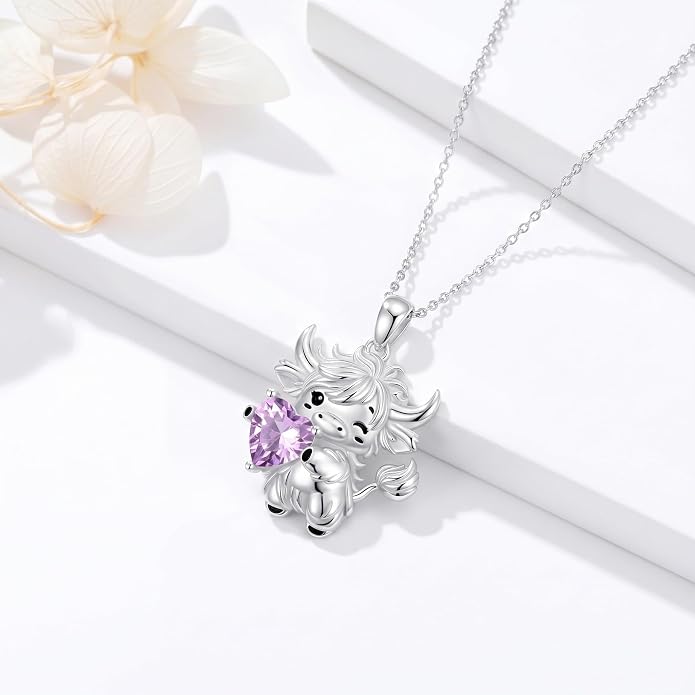 PELOVNY Teddy Bear Necklace for Women 925 Sterling Silver Bear/Highland Cow/Fox/Cat/Axolotl Birthstone Necklace Christmas Birthday Jewelry Gifts for Mom Daughter Wife Sister