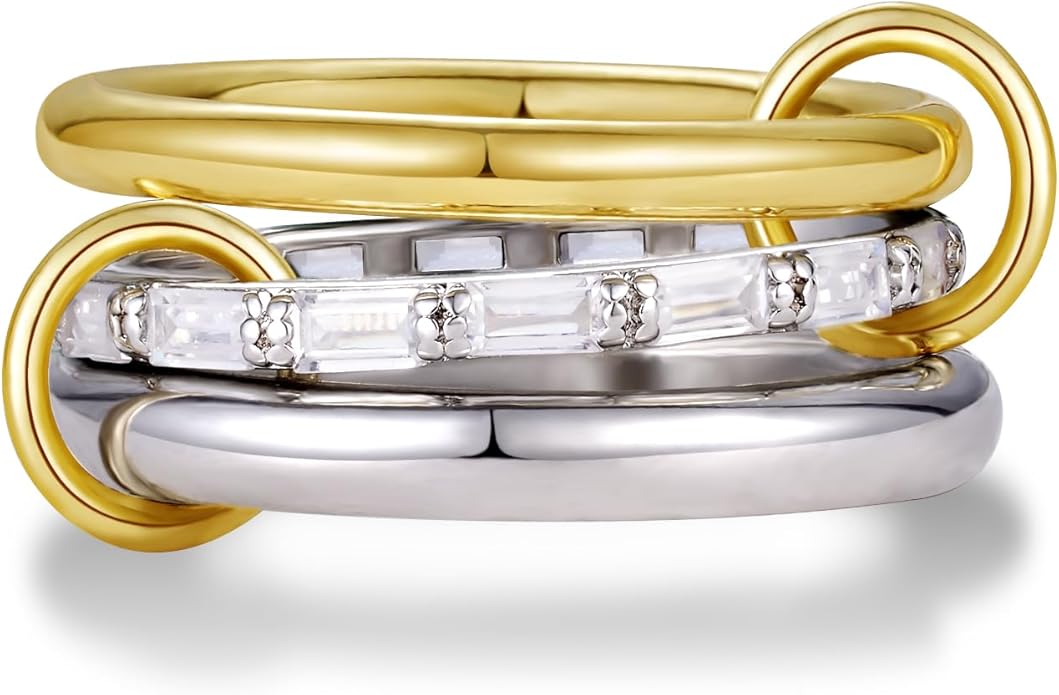 KissYan Stackable Rings for Women, 14k Gold Plate Interlocked Multi Ring Set Dainty Pave CZ Personalized Fashion Two-Toned Mixed Metals Stacking Jewelry Trendy Statement Gift