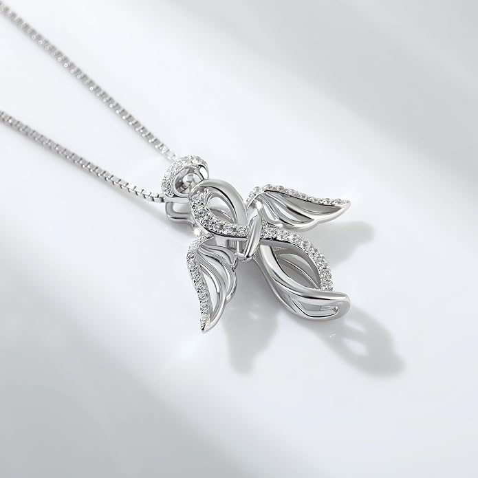 925 Sterling Silver Guardian Angel Pendant Necklace for Women with Birthstone Cubic Zirconia Little Angel Pendant Necklace Jewelry 18 inch Chain
