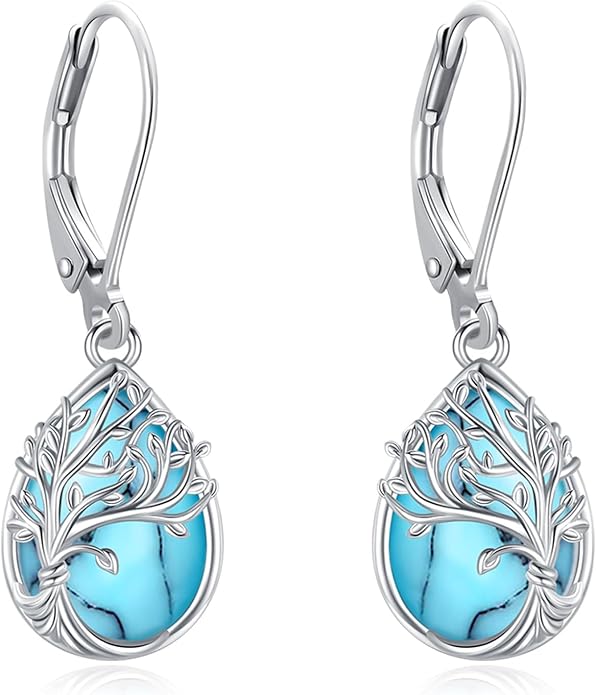Black Cat/Turtle/Moonstone//Turquoise/Flower/Tree of Life Earrings Sterling Silver Cute Animal Leverback Dangle Earrings Jewelry Gifts