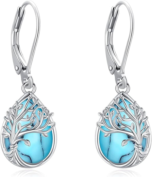 Black Cat/Turtle/Moonstone//Turquoise/Flower/Tree of Life Earrings Sterling Silver Cute Animal Leverback Dangle Earrings Jewelry Gifts