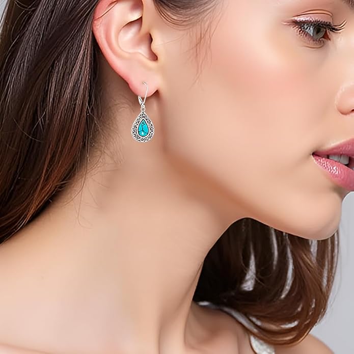 Teardrop Dangle Earrings for Women Turquoise Jewelry for Women 925 Sterling Silver Leverback Filigree Drop Dangle Earrings Filigree Jewelry