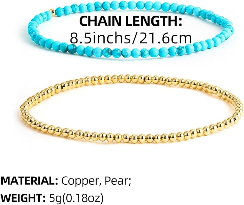 Boho Gold Anklet Bracelets for Women, Waterproof Beach Layered Pearl Beaded Turquoise Anklets Set Handmade Jewelry Gift