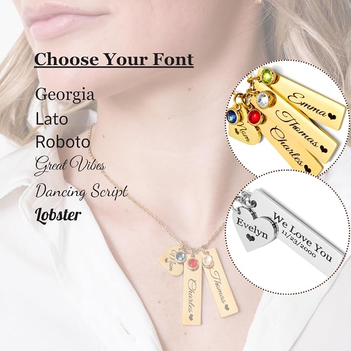 Custom Engraved 3D Vertical Pillar Bar Necklace – Personalized Name Pendant – 1 to 4 Sides – Non-Tarnish Stainless Steel – Gold/Silver – Adjustable Chain – Gift for Her, Mom/Dad With Kids Names