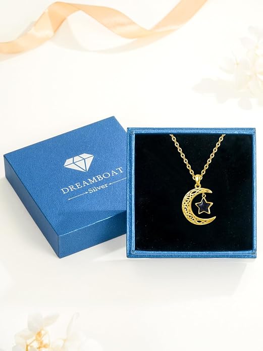 Dreamboat Sterling Silver Moon and Star Necklace Silver Crescent Moon Necklaces for Women Star Pendant Celestial Jewelry Gifts