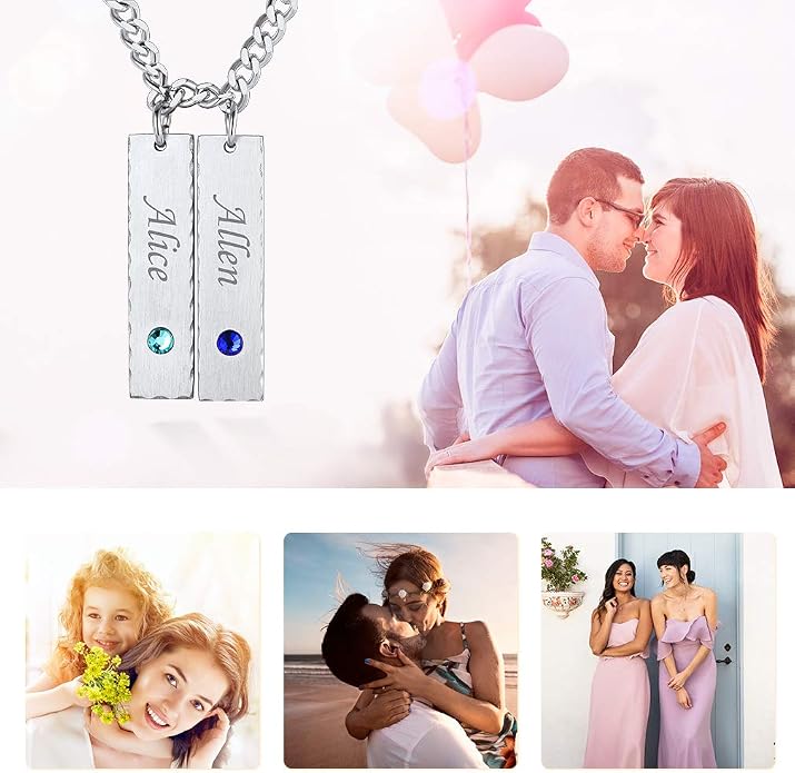 Custom4U Personalized Birthstone Bar Necklaces for Women, Custom Handmade Silver/Black/Gold Vertical Bar Pendants with 1-3 Names Engraved,Unique Memorial Necklace for Her