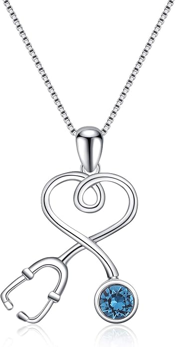 AOBOCO Stethoscope Necklace 925 Sterling Silver Embellished with 12 Months Birthstone Crystals from Austria, Graduation Gifts Medical Jewelry for Doctor Nurse Medical Student RN