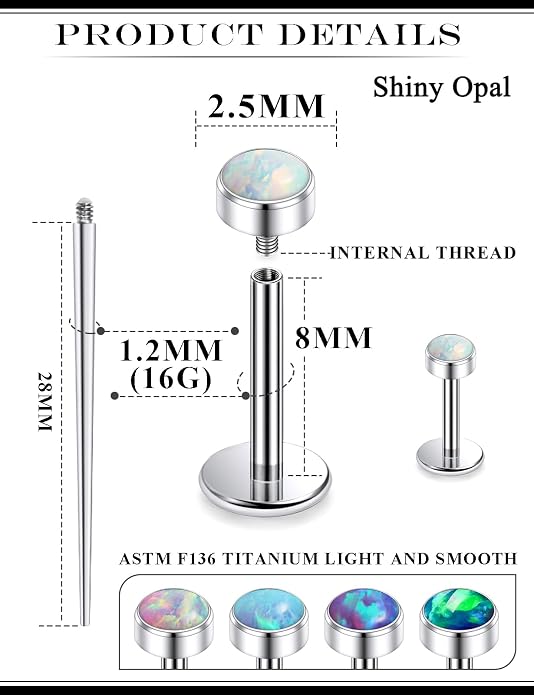20G 18G 16G Astm F136 Titanium Internal Thread Flat Back Earrings Nose Studs Tragus Helix Conch Cartilage Lobe Earrings Medusa Labret Snake Bite Monroe Lip Ring Piercing Jewelry For Women Men