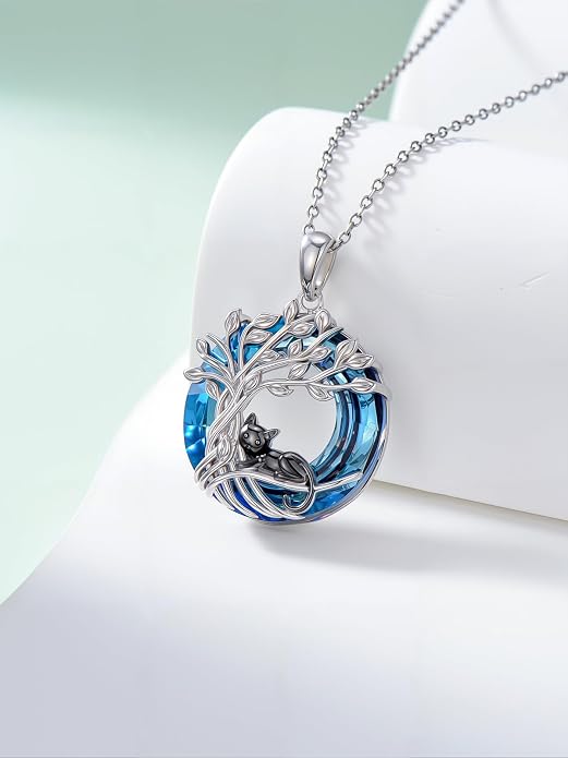 TOUPOP Cat Necklace Gifts for Women Sterling Silver Celtic Mounatin Moon Pendant with Blue Crystal Birthday Christmas Jewelry Gifts for Women