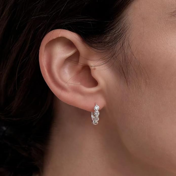 GIRIOIZ 18K White Gold Plated Eternity Hoops, Simulated High Carbon Diamond