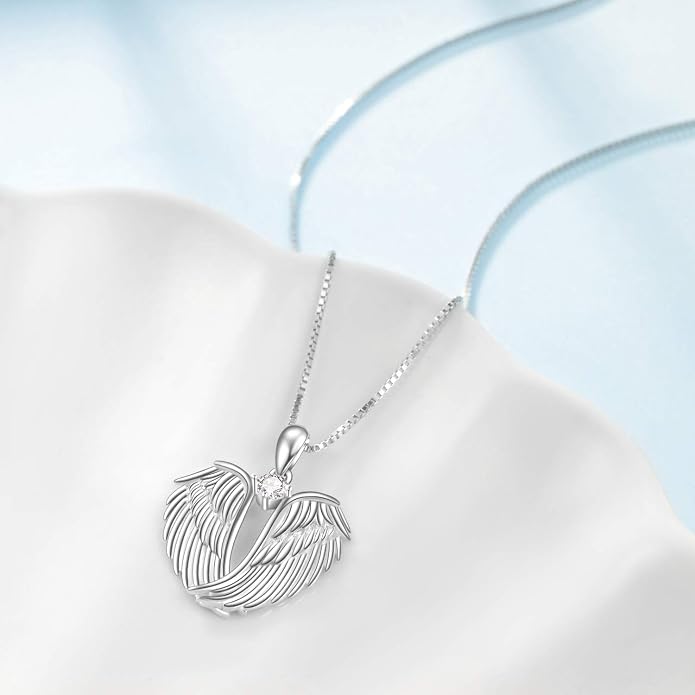 YFN Angel Wings Necklace 925 Sterling Silver Guardian Angel Wings Pendant Necklace Birthstone Necklace for Women Girls Christmas Jewelry Gifts