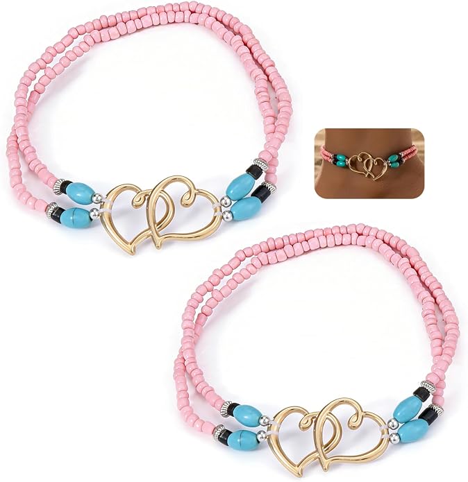 2PC Ankle Bracelets for Women Beaded Heart Ankle Bracelet Waterproof Bohemian Big Plus Size Anklets Summer Beach Accessories Boho Jewelry