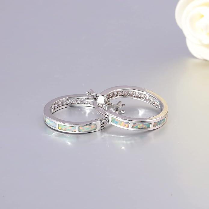 CiNily Sterling Silver/Rose Gold/Yellow Gold Plated Hoop Earrings 20mm,Multicolor Opal Small Hoop Earrings for Women Girls Hypoallergenic Jewelry for Sensitive Ears Gemstone Earrings