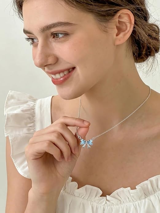 ChicSilver Bow and Cat Birthstone Necklace, 925 Sterling Silver Pendant Necklaces for Women, Hypoallergenic Silver Choker with 16 inch Rolo Chain, 12 Months Jewelry for Valentines Mothers Day Christmas