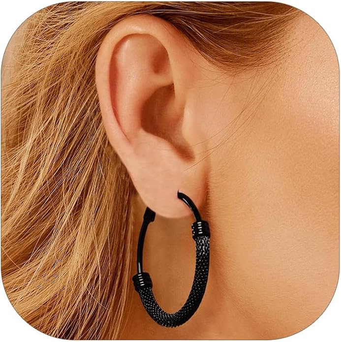 FOCALOOK 14K Gold Plated Hoop Earrings, Lightweight Hypoallergenic Large Stainless Steel Black Hoops Earrings for Women 20/30/40/50/60/70/80mm