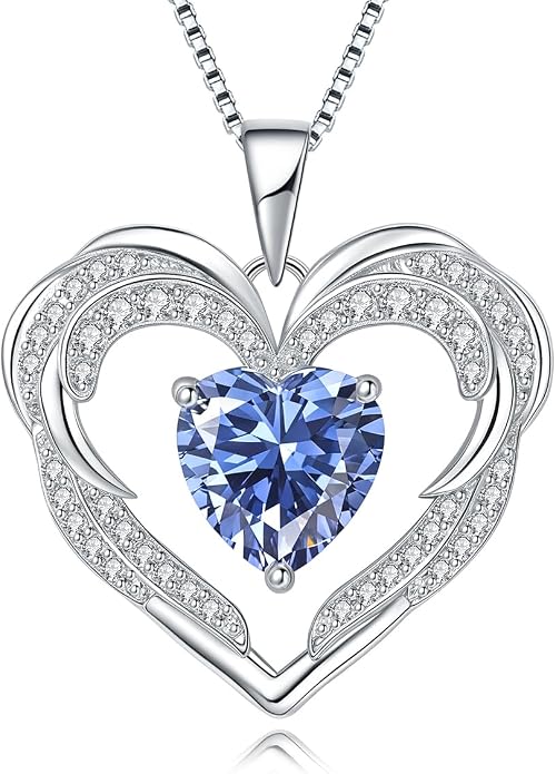 Heart Necklaces for Women Mother's day Gifts, Birthstone 925 Sterling Silver Angel Wings Love Pendant Necklaces for Women, Jewelry Gifts for Wife, Anniversary, Birthday
