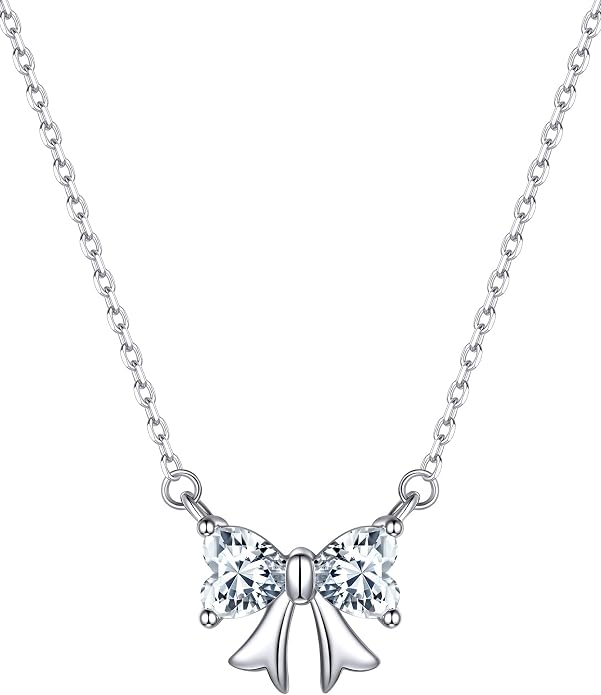 ChicSilver Bow and Cat Birthstone Necklace, 925 Sterling Silver Pendant Necklaces for Women, Hypoallergenic Silver Choker with 16 inch Rolo Chain, 12 Months Jewelry for Valentines Mothers Day Christmas