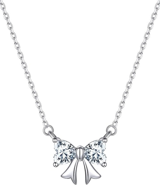 ChicSilver Bow and Cat Birthstone Necklace, 925 Sterling Silver Pendant Necklaces for Women, Hypoallergenic Silver Choker with 16 inch Rolo Chain, 12 Months Jewelry for Valentines Mothers Day Christmas