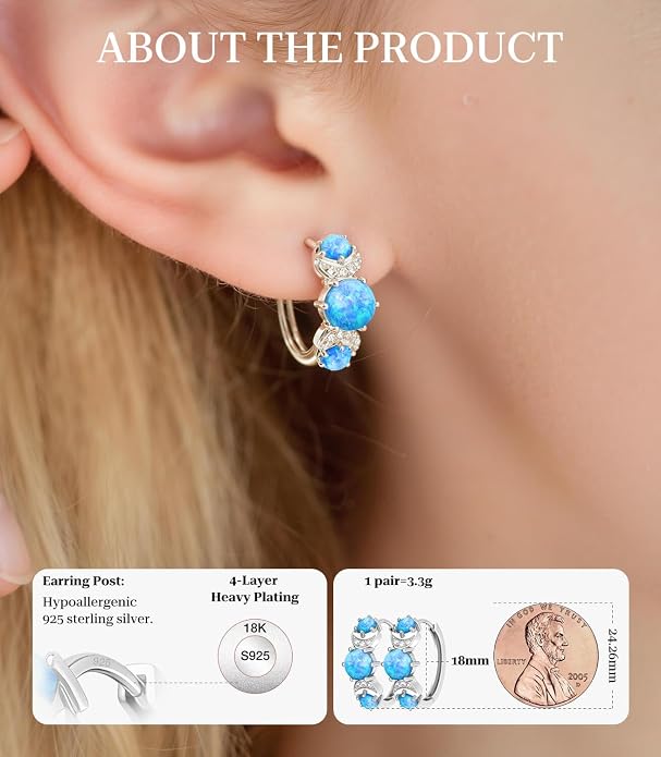 Opal Earrings for Women Gold Plated Hoop Earrings with Blue Opal Huggie with 925 Sterling Silver Post