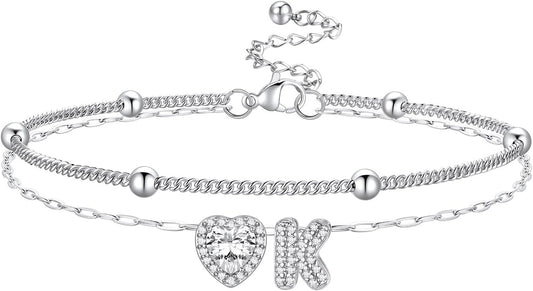 Bestyle Initial Anklet Bracelets for Women Waterproof Non Tarnish 14K Gold/White Gold Plated CZ Anklets for Women Dainty Layered Letter Heart Ankle Bracelets Adjustable Foot Chain Anklet