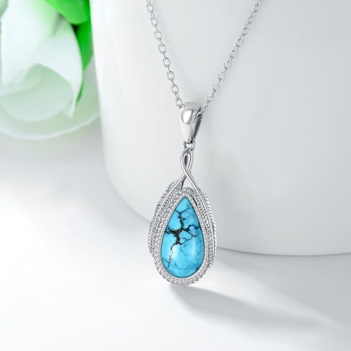 Aihpos 925 Sterling Silver Turquoise Necklaces For Women Teardrop Turquoise Pendant Necklace Genuine Turquoise Jewelry For Her Women