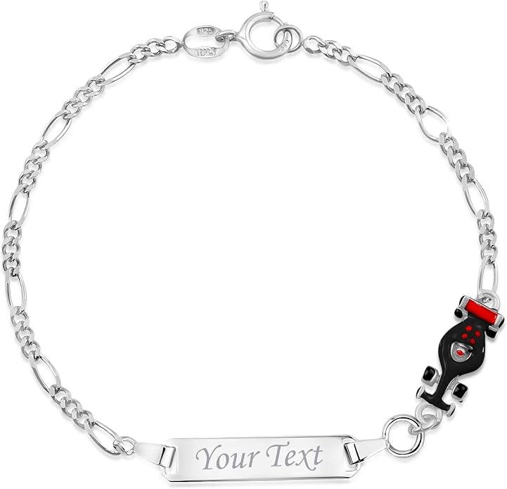 UNICORNJ 925 Italy Sterling Silver Child or Baby Name Bracelet Girls Boys, Personalized Engraved Kids ID Bracelets, 6.5" Figaro Chain, Enamel Charm Newborn Infant Toddler Kid Jewelry