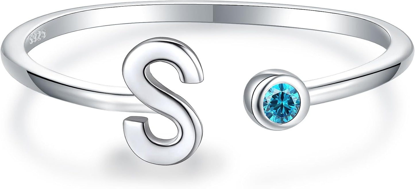 925 Sterling Silver Initial Letter Birthstone Rings for Women Adjustable 1-12 Month Birthstone Alphabet Stacking Ring for Teens Girls Stackable Birthstone Rings Birthday Jewelry Gift for Daughter Mom
