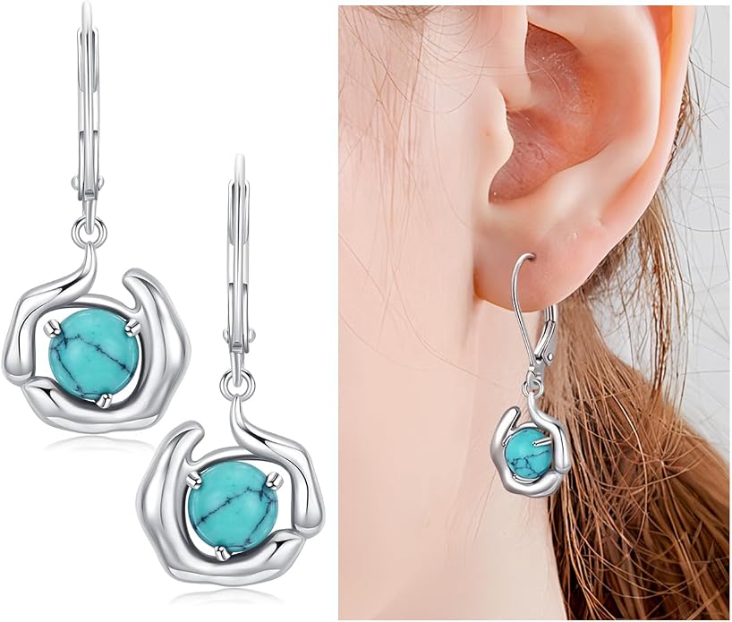 BDL Genuine Turquoise Jewelry for Women, Sterling Silver Earrings and Necklaces for Women, Leverback Dangle Drop Earrings Jewelry