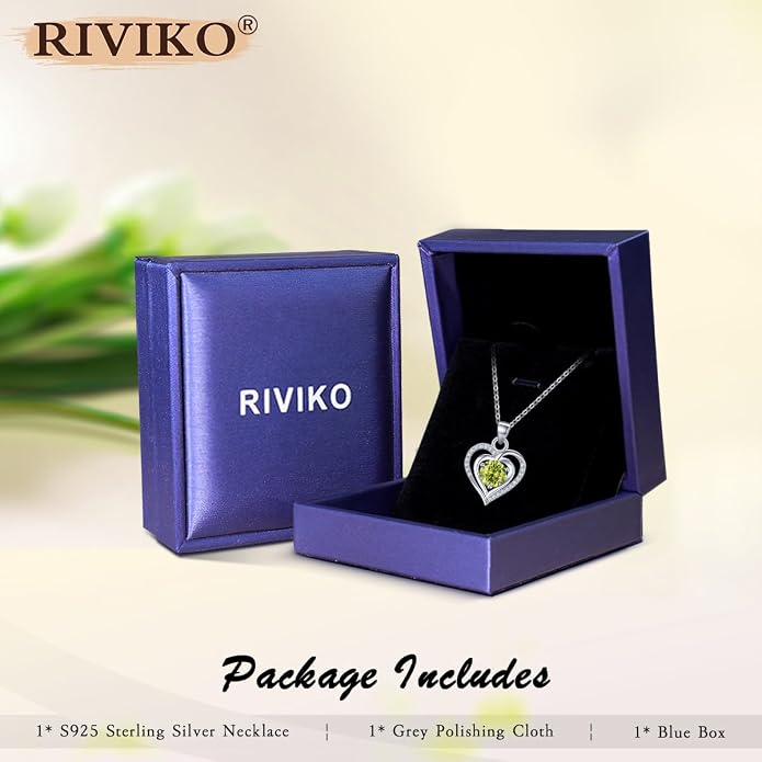 RIVIKO Heart Birthstone Pendant Necklace for Women 925 Sterling Silver Zirconia Necklaces Valentine's Day Anniversary Birthday Mothers Day Jewelry Gifts For Her Mother Wife
