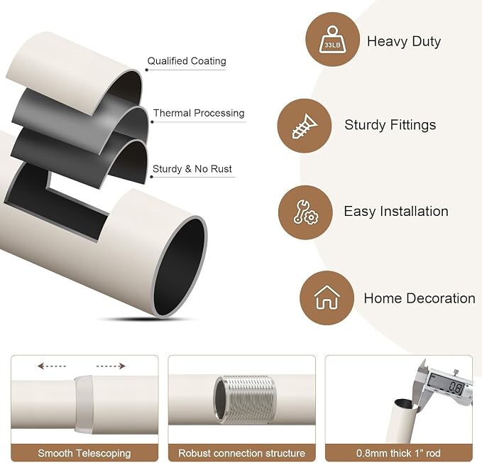 Lootkell Modern White Curtain Rods for Windows 66 to 120 Inches Adjustable Length Heavy Duty 1" Diameter Window Curtain Rod with Decorative Finials for Outdoor Farmhouse Bedroom Kitchen Living Room