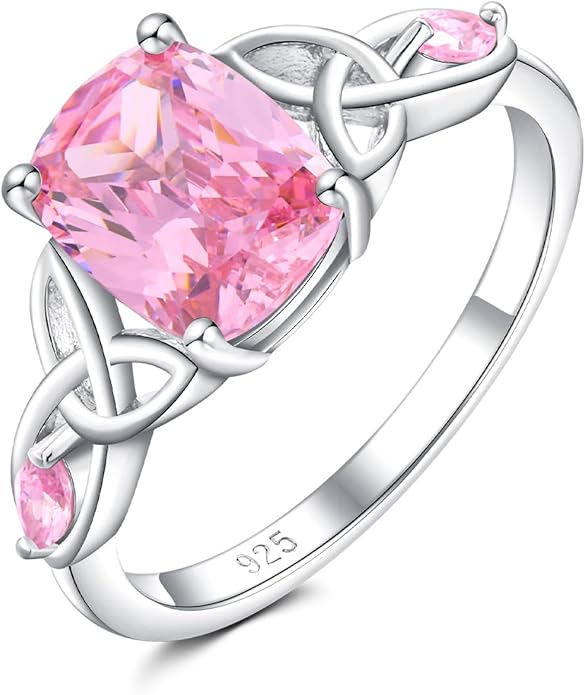 925 Sterling Silver Birthstone Rings for Women Cushion Cut Engagement Celtic Knot Ring Irish Jewelry Created Gemstone Anniversary Rings Size 6-10(with Box)