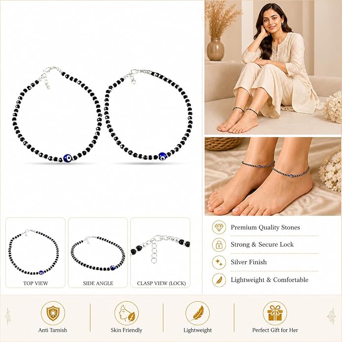 Jewar Mandi Anklet Evil Eye Nazariya Silver Plated Black Beads/crystal Adjustable Flexible Payal for Women