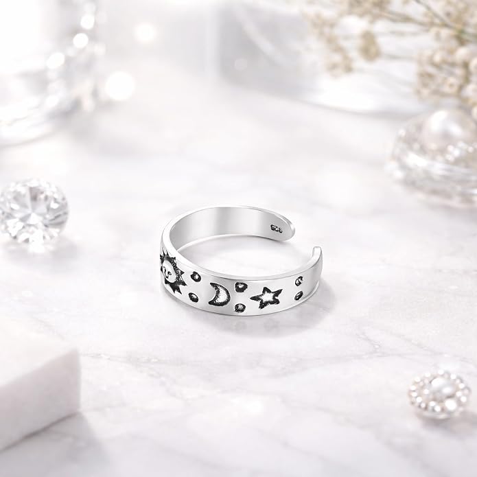 AeraVida .925 Sterling Silver Adjustable Toe Ring or Pinky Ring 5mm Wide Open Band, Stackable Minimalist Summer Foot Jewelry | Sun Moon Star Turtle Butterfly Leaf Olive Branch Ocean Wave Yin Yang Design