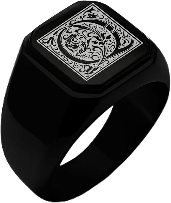 Jewelry | Stainless Steel Letter Alphabet Initial Ring | Square Flat Top Ring for Men & Women | Stainless Steel Jewelry, (Black, Gold, Silver), Size 7-16
