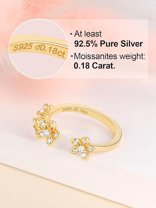 Moissanite Flower/Butterfly/Star Pretty Open Ring for Women, Adjustable Ring, Solid 925 Sterling Silver with Gold Plated, Stackable Ring, Birthday Valentines Anniversary Mothers Day Ideal Gift for Her