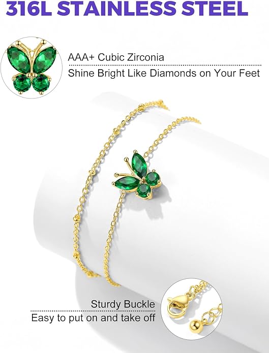 Richsteel Double Layer Heart/Butterfly Birthstone Anklet for Women Non Tarnish Waterproof, Silver/Gold/Black Stainless Steel 8.5-10.5 Inch Adjustable Chain Anklets Jewelry Gifts for Her