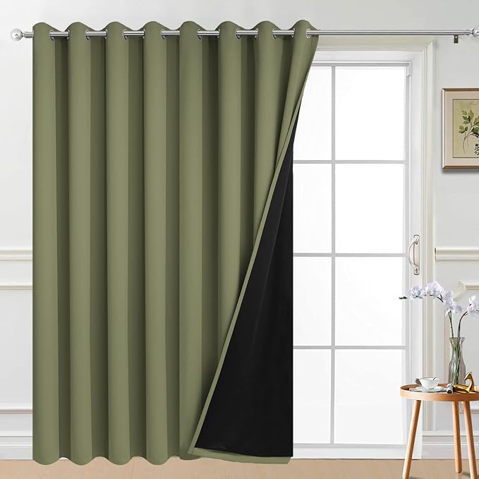 Yakamok Sage 100% Blackout Patio Door Curtain Panels W100 x L96,1 Panel | Noise Reducing Barrier Panel for Sliding Glass Door, 2 Thick Layers Heat Full Light Blocking Patio Door Drapery