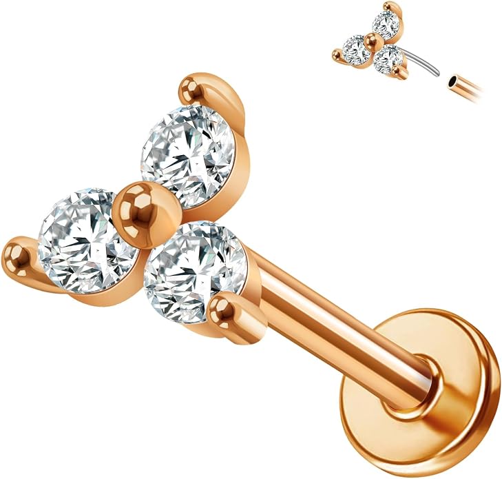 14K Yellow/White/Rose Gold Threadless Earring Top Push in 1 Pcs Triple Clear CZ Flat Back Nose Stud Threadless Cartilage Earring Helix Stud Tragus Piercing Jewelry for Women 6mm/8mm