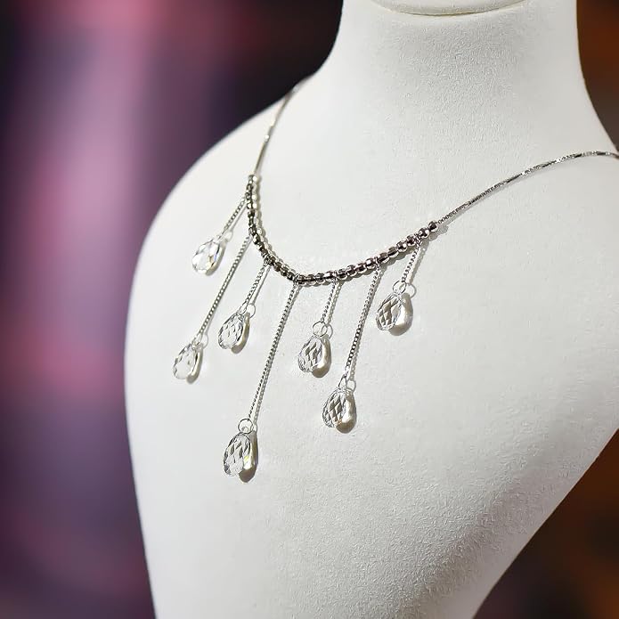 925 Sterling Silver Handmade Crystals Rain Drop Tassel layered Pendant Boho necklace statement Chandelier shape Lobster Clasp Length Choker 18"+2" Ideal Gift for Women Ladies Dress accessories.