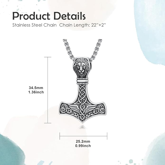 PROESS Thors Hammer Necklace Sterling Silver Celtic Knot Wolf/Lion/Raven Necklace Viking Mjolnir Pendant Jewelry for Men