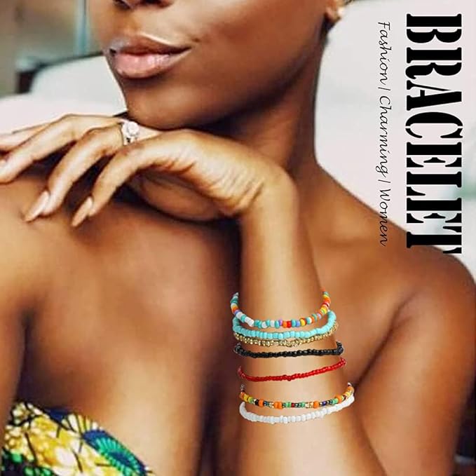 Boho Handmade Beaded African Anklets Multicolor Women Stretch Seed Beads Rainbow Ankle Bracelets Glass Bead Bracelet Elastic Foot and Hand Chain Jewelry (7PCS)