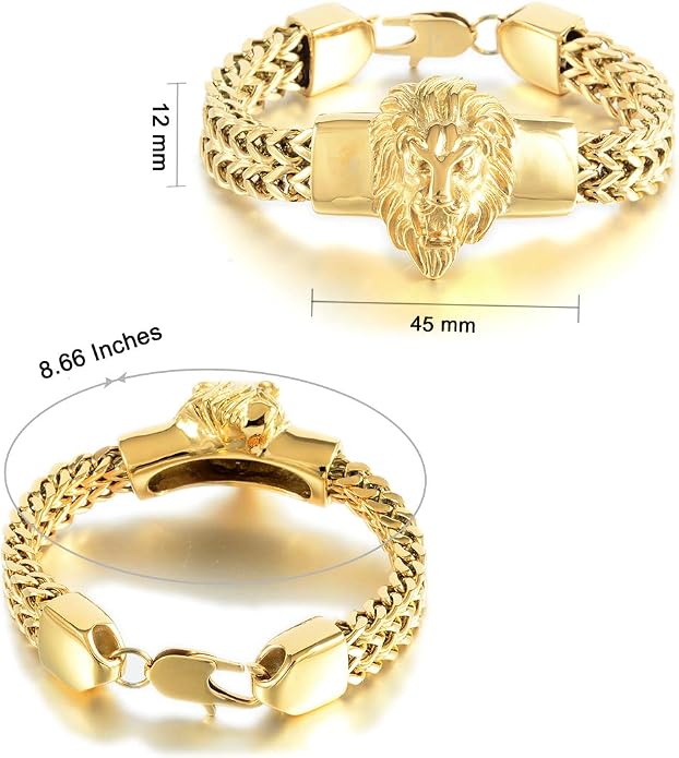 Mens Bracelet Stainless Steel Heavy 12mm Double Franco Chain Lion Head Bracelet Jewelry Men Biker…